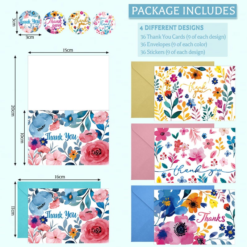 Thboxes 36 Pack Thank You Cards with Envelopes, 4x6 Inch Thank You Cards with Envelopes & Stickers, Greeting Card for Birthday, Wedding, Baby Shower, Bridal Shower, Thanksgiving, Christmas - Image 3